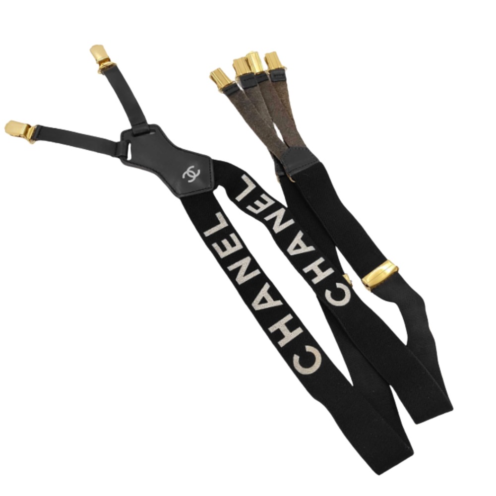 Chanel Vintage Black Leather Detailed Gold Hardware Logo Suspenders
